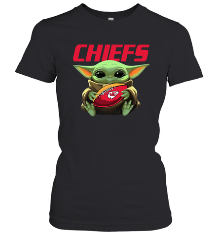 Baby Yoda Loves The Kansas City Chiefs Star Wars Baby Yoda Hugs Chiefs NFL Womens T-Shirt Womens T-Shirt / Black / XS Womens T-Shirt - VeigarTee