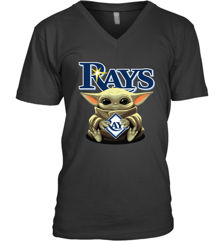 Baby Yoda Hugs Loves The Tampa Bay Rays Baseball Mens V-Neck T-Shirt Mens V-Neck T-Shirt / Black / S Mens V-Neck T-Shirt - VeigarTee