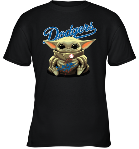 Baby Yoda Hugs Loves The Los Angeles Dodgers Baseball Youth T-Shirt Youth T-Shirt / Black / XS Youth T-Shirt - VeigarTee