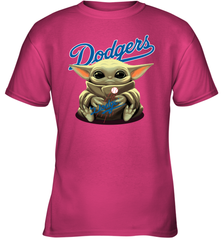 Baby Yoda Hugs Loves The Los Angeles Dodgers Baseball Youth T-Shirt Youth T-Shirt - VeigarTee