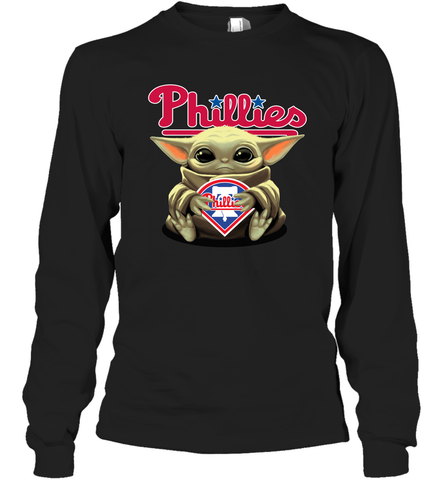 Baby Yoda Hugs Loves The Philadelphia Phillies Baseball Adult Long Sleeve T-Shirt Adult Long Sleeve T-Shirt / Black / S Adult Long Sleeve T-Shirt - VeigarTee