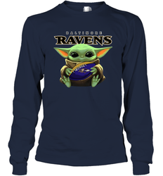 Baby Yoda Loves The Baltimore Ravens Star Wars Baby Yoda Hugs Ravens NFL Adult Long Sleeve T-Shirt