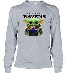 Baby Yoda Loves The Baltimore Ravens Star Wars Baby Yoda Hugs Ravens NFL Adult Long Sleeve T-Shirt Adult Long Sleeve T-Shirt - VeigarTee