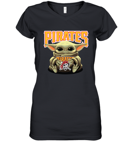 Baby Yoda Hugs Loves The Pittsburgh Pirates Baseball Womens V-Neck T-Shirt Womens V-Neck T-Shirt / Black / S Womens V-Neck T-Shirt - VeigarTee