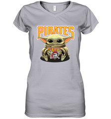 Baby Yoda Hugs Loves The Pittsburgh Pirates Baseball Womens V-Neck T-Shirt Womens V-Neck T-Shirt - VeigarTee