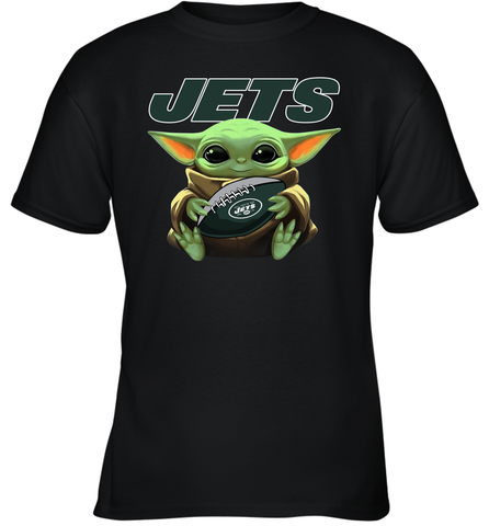 Baby Yoda Loves The New York Jets Star Wars Baby Yoda Hugs Jets NFL Youth T-Shirt Youth T-Shirt / Black / XS Youth T-Shirt - VeigarTee