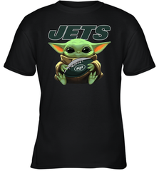 Baby Yoda Loves The New York Jets Star Wars Baby Yoda Hugs Jets NFL Youth T-Shirt Youth T-Shirt - VeigarTee