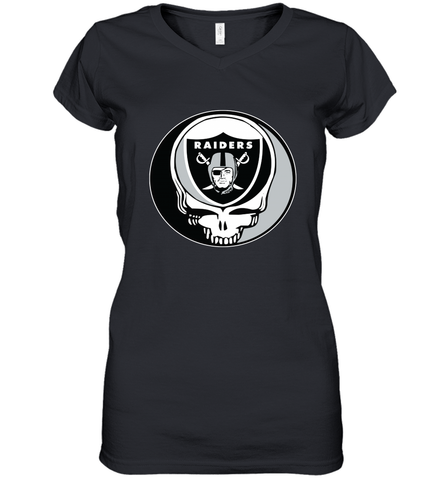 Oakland Raiders Grateful Dead Steal Your Face NFL Football Womens V-Neck T-Shirt Womens V-Neck T-Shirt / Black / S Womens V-Neck T-Shirt - VeigarTee