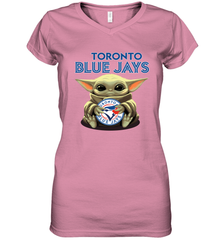 Baby Yoda Hugs Loves The Toronto Blue Jays Baseball Womens V-Neck T-Shirt Womens V-Neck T-Shirt - VeigarTee