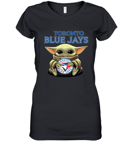 Baby Yoda Hugs Loves The Toronto Blue Jays Baseball Womens V-Neck T-Shirt Womens V-Neck T-Shirt / Black / S Womens V-Neck T-Shirt - VeigarTee