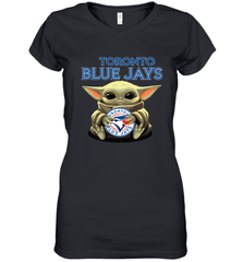 Baby Yoda Hugs Loves The Toronto Blue Jays Baseball Womens V-Neck T-Shirt Womens V-Neck T-Shirt - VeigarTee