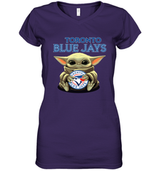 Baby Yoda Hugs Loves The Toronto Blue Jays Baseball Womens V-Neck T-Shirt Womens V-Neck T-Shirt - VeigarTee