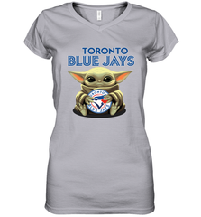 Baby Yoda Hugs Loves The Toronto Blue Jays Baseball Womens V-Neck T-Shirt Womens V-Neck T-Shirt - VeigarTee