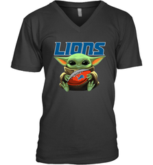 Baby Yoda Loves The Detroit Lions Star Wars Baby Yoda Hugs Lions NFL Mens V-Neck T-Shirt Mens V-Neck T-Shirt - VeigarTee