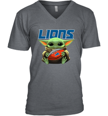 Baby Yoda Loves The Detroit Lions Star Wars Baby Yoda Hugs Lions NFL Mens V-Neck T-Shirt Mens V-Neck T-Shirt - VeigarTee