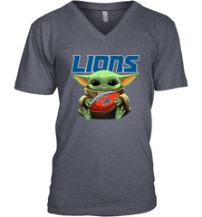 Baby Yoda Loves The Detroit Lions Star Wars Baby Yoda Hugs Lions NFL Mens V-Neck T-Shirt Mens V-Neck T-Shirt - VeigarTee
