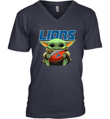 Baby Yoda Loves The Detroit Lions Star Wars Baby Yoda Hugs Lions NFL Mens V-Neck T-Shirt Mens V-Neck T-Shirt - VeigarTee