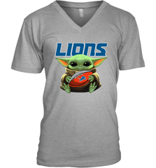 Baby Yoda Loves The Detroit Lions Star Wars Baby Yoda Hugs Lions NFL Mens V-Neck T-Shirt Mens V-Neck T-Shirt - VeigarTee