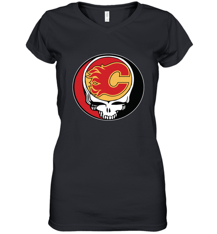 Calgary Flames Grateful Dead Steal Your Face Hockey NHL Womens V-Neck T-Shirt Womens V-Neck T-Shirt / Black / S Womens V-Neck T-Shirt - VeigarTee