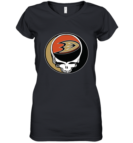 Anaheim Ducks Grateful Dead Steal Your Face Hockey NHL Womens V-Neck T-Shirt Womens V-Neck T-Shirt / Black / S Womens V-Neck T-Shirt - VeigarTee
