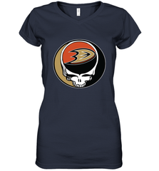 Anaheim Ducks Grateful Dead Steal Your Face Hockey NHL Womens V-Neck T-Shirt Womens V-Neck T-Shirt - VeigarTee