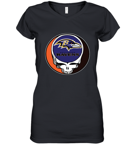 Baltimore Ravens Grateful Dead Steal Your Face NFL Football Womens V-Neck T-Shirt Womens V-Neck T-Shirt / Black / S Womens V-Neck T-Shirt - VeigarTee