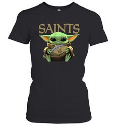 Baby Yoda Loves The New Orleans Saints Star Wars Baby Yoda Hugs Saints NFL Womens T-Shirt