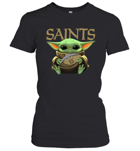 Baby Yoda Loves The New Orleans Saints Star Wars Baby Yoda Hugs Saints NFL Womens T-Shirt Womens T-Shirt / Black / XS Womens T-Shirt - VeigarTee