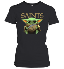 Baby Yoda Loves The New Orleans Saints Star Wars Baby Yoda Hugs Saints NFL Womens T-Shirt Womens T-Shirt - VeigarTee