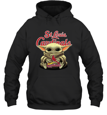 Baby Yoda Hugs Loves The St Louis Cardinals Baseball Adult Hoodie Sweatshirt Adult Hoodie Sweatshirt / Black / S Adult Hoodie Sweatshirt - VeigarTee