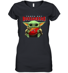 Baby Yoda Loves The Tampa Bay Buccaneers Star Wars Baby Yoda Hugs Buccaneers NFL Womens V-Neck T-Shirt Womens V-Neck T-Shirt - VeigarTee