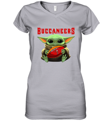 Baby Yoda Loves The Tampa Bay Buccaneers Star Wars Baby Yoda Hugs Buccaneers NFL Womens V-Neck T-Shirt Womens V-Neck T-Shirt - VeigarTee