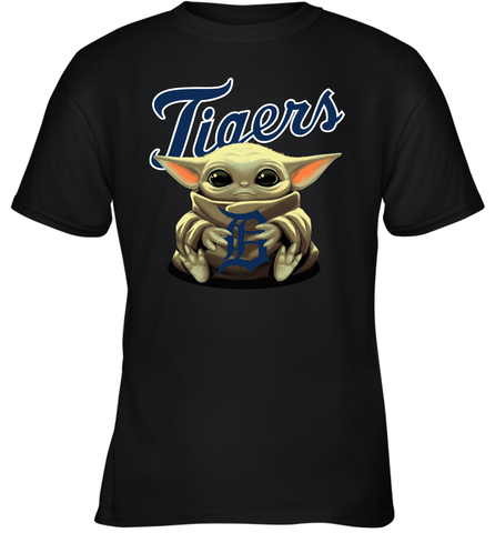Baby Yoda Hugs Loves The Detroit Tigers Baseball Youth T-Shirt Youth T-Shirt / Black / XS Youth T-Shirt - VeigarTee