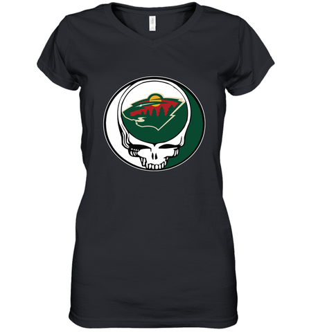 Minnesota Wild Grateful Dead Steal Your Face Hockey NHL Womens V-Neck T-Shirt Womens V-Neck T-Shirt / Black / S Womens V-Neck T-Shirt - VeigarTee