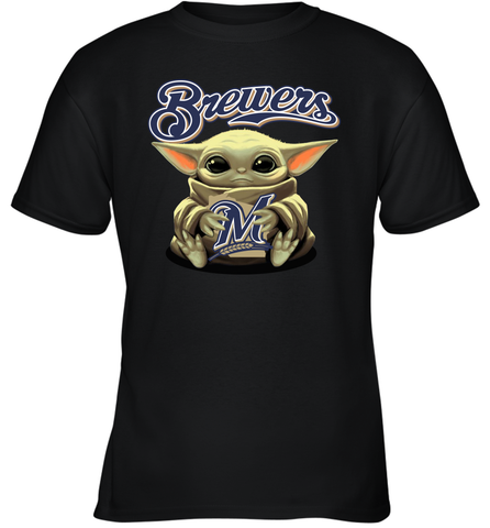 Baby Yoda Hugs Loves The Milwaukee Brewers Baseball Youth T-Shirt Youth T-Shirt / Black / XS Youth T-Shirt - VeigarTee