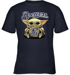 Baby Yoda Hugs Loves The Milwaukee Brewers Baseball Youth T-Shirt Youth T-Shirt - VeigarTee