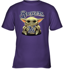 Baby Yoda Hugs Loves The Milwaukee Brewers Baseball Youth T-Shirt Youth T-Shirt - VeigarTee