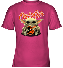 Baby Yoda Hugs Loves The Baltimore Orioles Baseball Youth T-Shirt Youth T-Shirt - VeigarTee