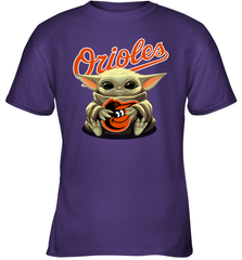Baby Yoda Hugs Loves The Baltimore Orioles Baseball Youth T-Shirt Youth T-Shirt - VeigarTee