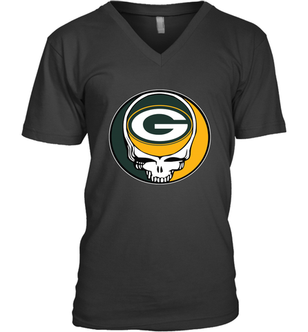 Green Bay Packers Grateful Dead Steal Your Face NFL Football Mens V-Neck T-Shirt Mens V-Neck T-Shirt / Black / S Mens V-Neck T-Shirt - VeigarTee