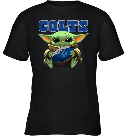 Baby Yoda Loves The Indianapolis Colts Star Wars Baby Yoda Hugs Colts NFL Youth T-Shirt Youth T-Shirt / Black / XS Youth T-Shirt - VeigarTee