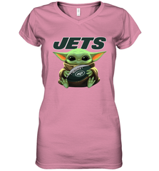 Baby Yoda Loves The New York Jets Star Wars Baby Yoda Hugs Jets NFL Womens V-Neck T-Shirt Womens V-Neck T-Shirt - VeigarTee