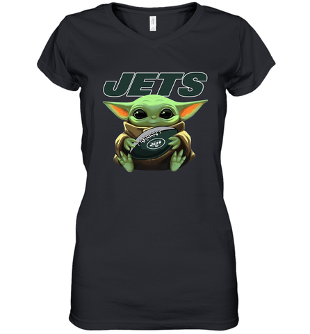 Baby Yoda Loves The New York Jets Star Wars Baby Yoda Hugs Jets NFL Womens V-Neck T-Shirt Womens V-Neck T-Shirt / Black / S Womens V-Neck T-Shirt - VeigarTee