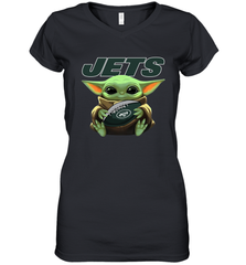 Baby Yoda Loves The New York Jets Star Wars Baby Yoda Hugs Jets NFL Womens V-Neck T-Shirt Womens V-Neck T-Shirt - VeigarTee