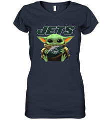 Baby Yoda Loves The New York Jets Star Wars Baby Yoda Hugs Jets NFL Womens V-Neck T-Shirt Womens V-Neck T-Shirt - VeigarTee