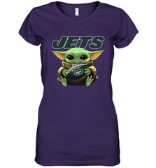 Baby Yoda Loves The New York Jets Star Wars Baby Yoda Hugs Jets NFL Womens V-Neck T-Shirt Womens V-Neck T-Shirt - VeigarTee
