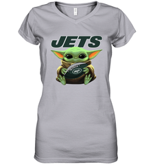Baby Yoda Loves The New York Jets Star Wars Baby Yoda Hugs Jets NFL Womens V-Neck T-Shirt Womens V-Neck T-Shirt - VeigarTee