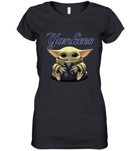 Baby Yoda Hugs Loves The New York Yankees Baseball Womens V-Neck T-Shirt Womens V-Neck T-Shirt / Black / S Womens V-Neck T-Shirt - VeigarTee