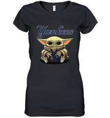 Baby Yoda Hugs Loves The New York Yankees Baseball Womens V-Neck T-Shirt Womens V-Neck T-Shirt - VeigarTee