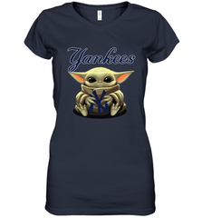 Baby Yoda Hugs Loves The New York Yankees Baseball Womens V-Neck T-Shirt Womens V-Neck T-Shirt - VeigarTee